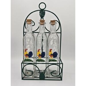 Vintage Rooster Oil and Vinegar Glass Bottles In Holder Set of 3